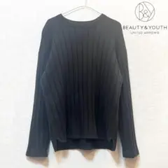 【美品】BEAUTY&YOUTH コットンリブ編みクルーネックニット 黒 L