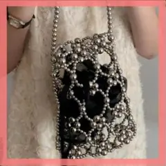 値下げ　残りわずか　巾着付き シルバー　黒　ブラック　ビーズ ミニ バッグ