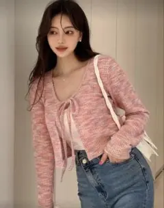 Dazyリボン付きピンクニットカーディガン
