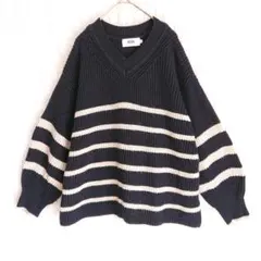アズールバイマウジー Vネックセーター リブニット ネイビー ボーダー Y2K