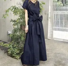 ネイビー 半袖 ロングワンピース ウエストリボン