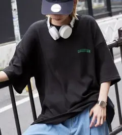 【CODDERR】アーチロゴ刺繍 ビッグシルエットワッフルTシャツ　ブラック