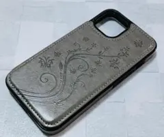 iPhone14/13 用 ケース 手帳型 カード入れ 蝶 草花 グレー 灰色