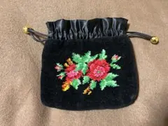 FEILER 花柄刺繍 巾着袋 黒