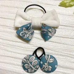 お買い得♡お揃い　リバティビジュー付ダブルリボンくるみボタン　ヘアゴム3個セット