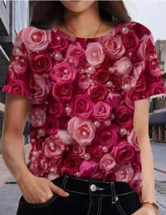 アート　花柄　ローズ　パール　レッド　レディース　Tシャツ　Lサイズ