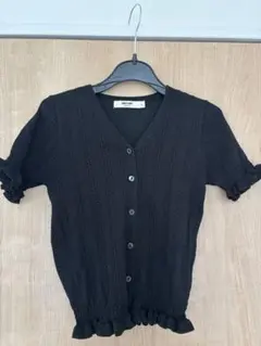 黒 リブ編み 半袖カーディガン