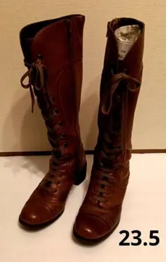 【23.5】レザーブーツ　レースアップロングブーツ　ブラウン　あしながおじさん
