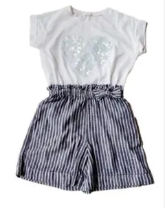ハートスパンコール付き白Tシャツとストライプショートパンツセット　140
