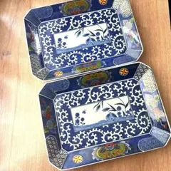 有田焼 若山窯 染錦 色絵 花紋 長皿 四角 長角皿 古伊万里 牡丹 4枚