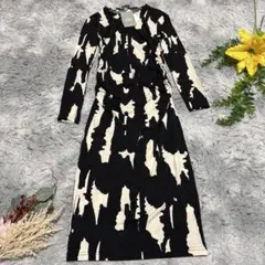 H&M ギャザーワンピース 総柄 長袖 ブラック ホワイト Sサイズ タグ