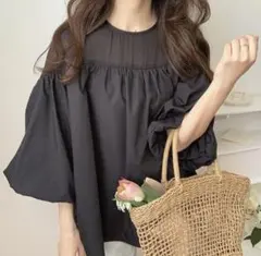 LAUIR バルーンスリーブ シアーブラウス ブラック Lサイズ