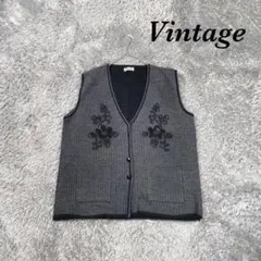 Vintage ヴィンテージ ニットベスト Vネック 花柄 ビーズ 薄手