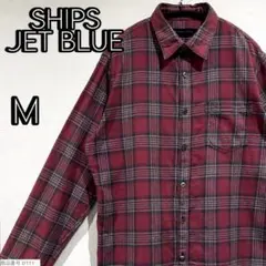 【SHIPS】長袖シャツ　チェック柄　100％コットン　胸ポケット　赤　メンズM