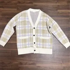 【GU】ベージュ チェック柄 ニットカーディガン