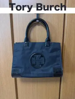 TORY BURCH ナイロン×エナメル トートバッグ 黒 ロゴ トリーバーチ