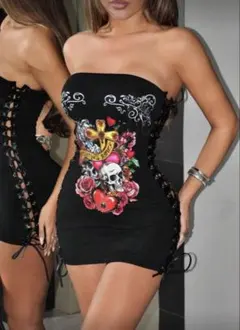 スカルプリント セクシータイトワンピ　レザーレースアップ