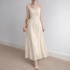 LILLIAN CARAT 総レースロングキャミワンピース フレア アイボリー