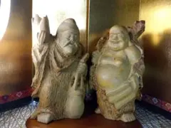 중국 미술 후쿠진 목제 손 조각 2체 연기물 금운 장사 번성