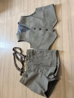 千鳥格子柄 ベスト サスペンダー付きショートパンツ セット
