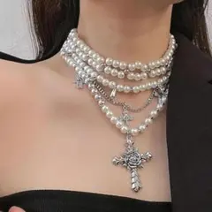 チョーカー クロス Y2K 地雷系 フェアリーグランジ パール 韓国アクセ 3連