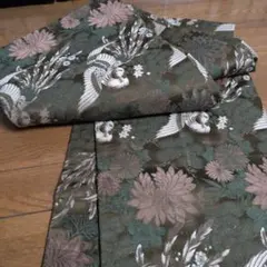 丸帯✤アンティーク全通　花柄ダークグリーン　長さ379　幅30.5