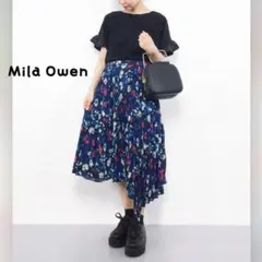 Mila Owen アシンメトリープリーツスカート　ブルー系　花柄