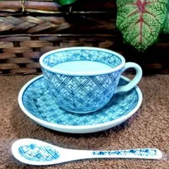 未使用品　織部　古織　藍染　カップ＆ソーサ　陶器スプーン付き