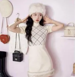 Darich チェックファーニットミニワンピース