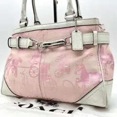 【良品】コーチ　ハンドバッグ　馬車柄　キャンバス　シグネチャー　ブラウン　ピンク