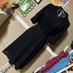 昭和レトロ ✦ベルト付き✦ 5分袖ワンピース ヴィンテージ 古着 黒