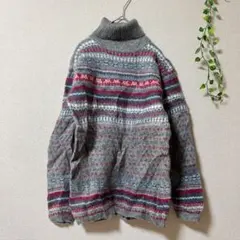 上質ウール100% 【L】ノルディック柄 タートルネック ニット セーター M