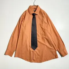 ネクタイシャツ オレンジ ストライプ 長袖 シャツ ネクタイ 総柄 シルク 古着