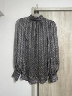 H&M 幾何学模様 スタンドカラー長袖ブラウス XS ブラウン