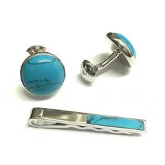 【高級品】重みあり！ツヤあり！天然石ターコイズカフスボタン&ネクタイピンセット