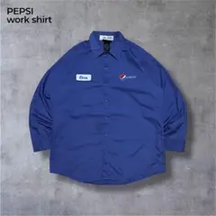 ARAMARKペプシ企業ロゴワンポイント刺繍ワークシャツ長袖シャツ青ブルーL