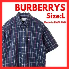 【イギリス製】古着　バーバリー　半袖ボタンダウンチェックシャツ　ネイビー　L