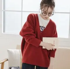 ANGIE オーバーサイズ 深Vネックニットプルオーバー レッド