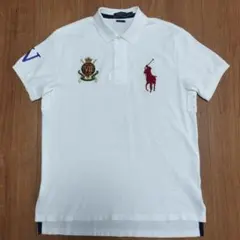ポロラルフローレン　ホワイト ポロシャツ ロゴ刺繍 VI字デザイン　ビッグポニー