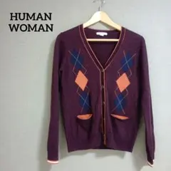 【訳あり】HUMAN WOMAN アーガイル柄 Vネックニットカーディガン Mのサムネイル