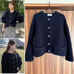 ★ミラオーウェン★パイル編みショート丈金釦ニットジャケット★ネイビー1★