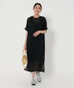 beauty&youth 半袖シアーレイヤードワンピース　ブラック