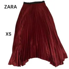 ZARAアシンメトリープリーツロングスカートXSボルドーサテン調ウエストゴムのサムネイル