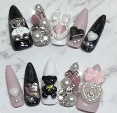 SALE量産ガーリー派手 姫 埋めつくし くま リボン 黒×ピンク ネイルチップ