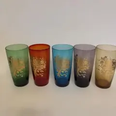 昭和レトロ　カラフルフローラルデザインコップ5個セット