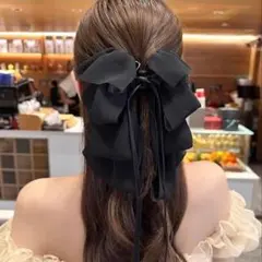 韓国風 ビッグリボンバレッタ シフォン 大人可愛い ヘアアクセ ブラック