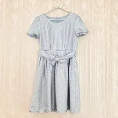 日本製レッセパッセ リボンベルト付きドット柄スカラップワンピ ライトブルー38