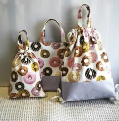♡祝ご入学♡　ドーナツ柄&ライラック　レッスンバッグ　体操着入れ　巾着型上靴入れ
