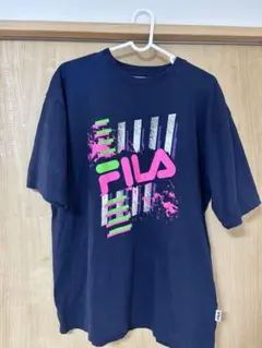 FILA フィラ 半袖 Tシャツ M ネイビー ピンク ロゴプリント デカロゴ