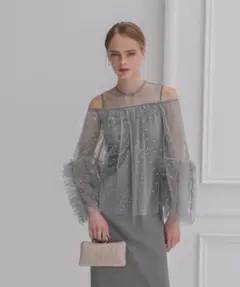 【LEJA】ドットストーンオフショルIラインワンピースドレスワンピース